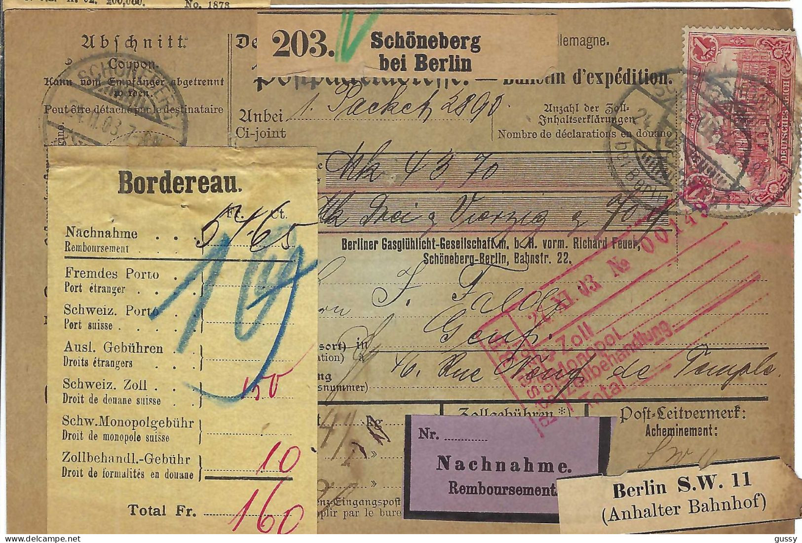 ALLEMAGNE Ca.1903: Bulletin D'Expédition CR De Schöneberg Bei Berlin Pour Genève (Suisse) - Lettres & Documents
