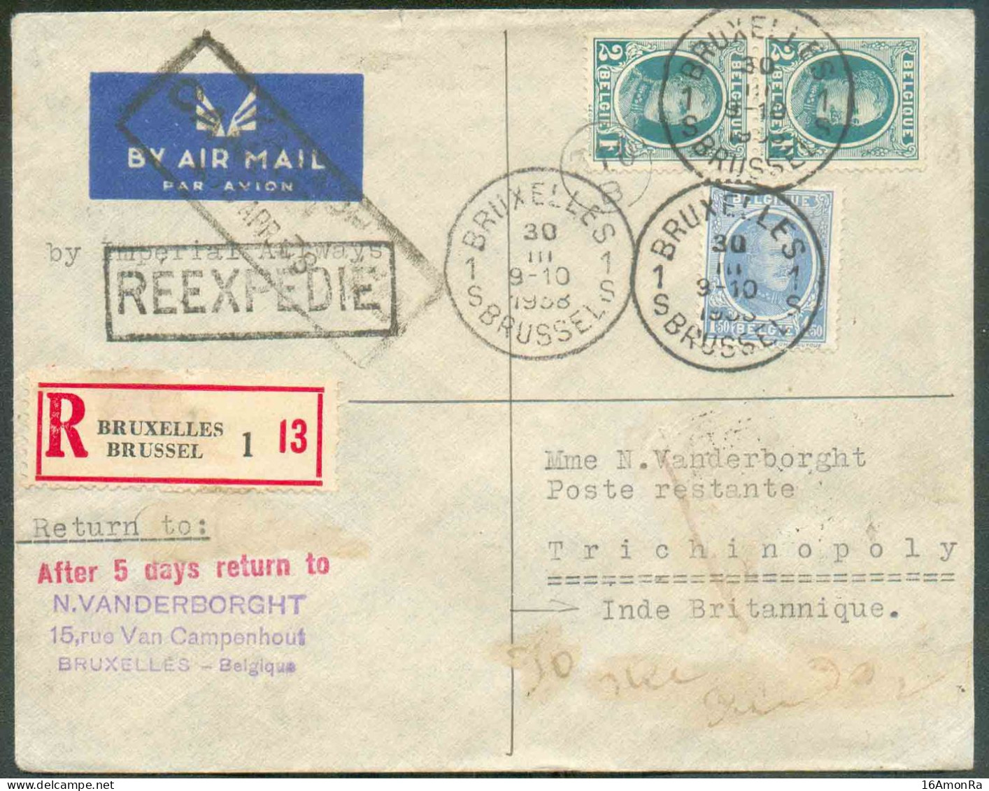 N°207-208(2)-466 Obl. Sc BRUXELLES 1 Sur Lettre Par Avion Et Recommandée (Etiq.) Du 30-III-1938 Vers Trichinopoly (Indes - 1922-1927 Houyoux