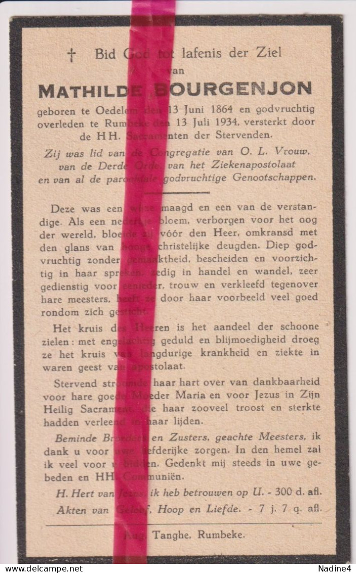 Devotie Doodsprentje Overlijden - Mathilde Bourgenjon - Oedelem 1864 - Rumbeke 1934 - Todesanzeige