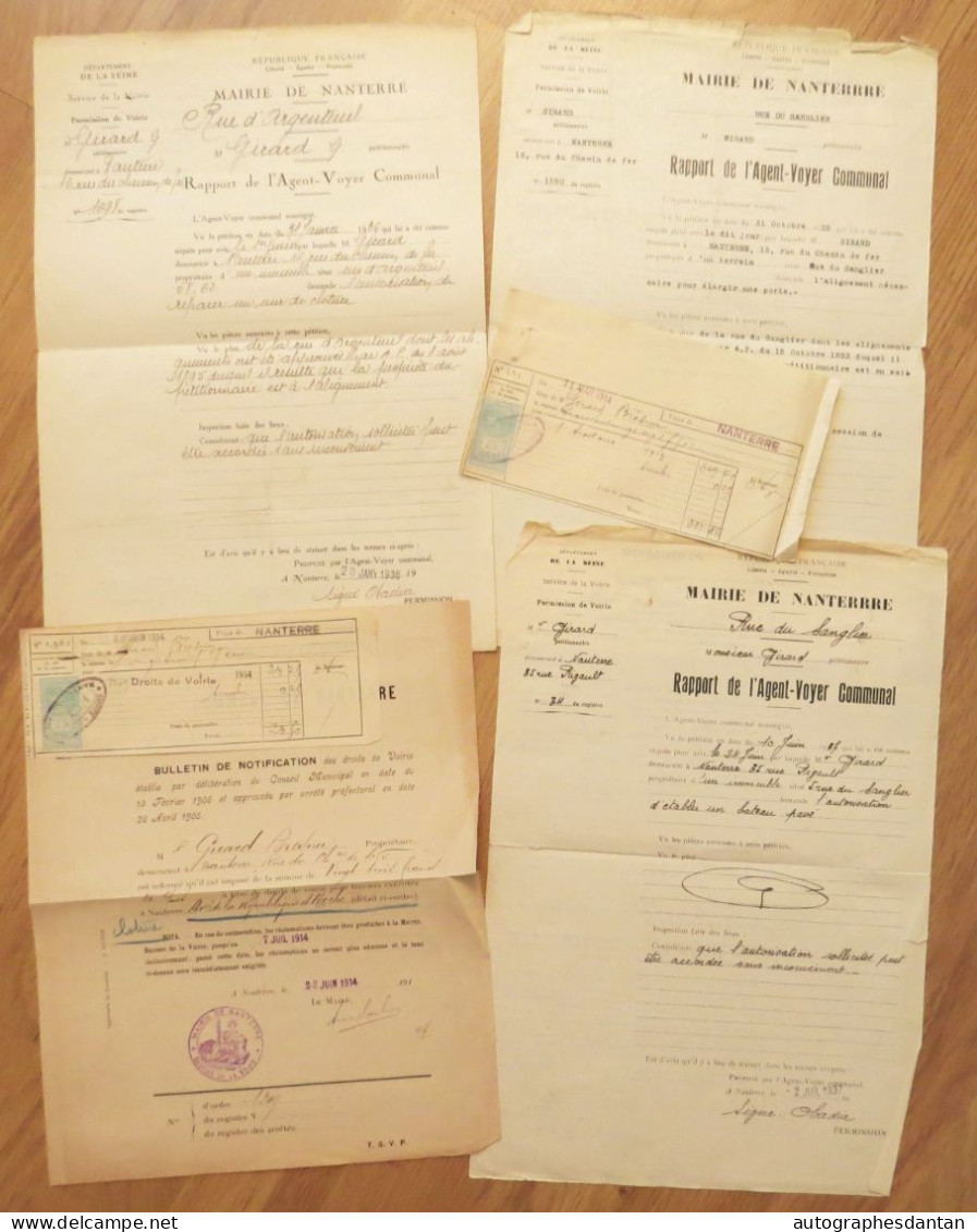 ● NANTERRE Lot 4 Vieux Papiers 1914 1935 1936 1937 - Girard - Agent Voyer Communal - Voirie - Seine - Timbres Fiscaux - Unclassified