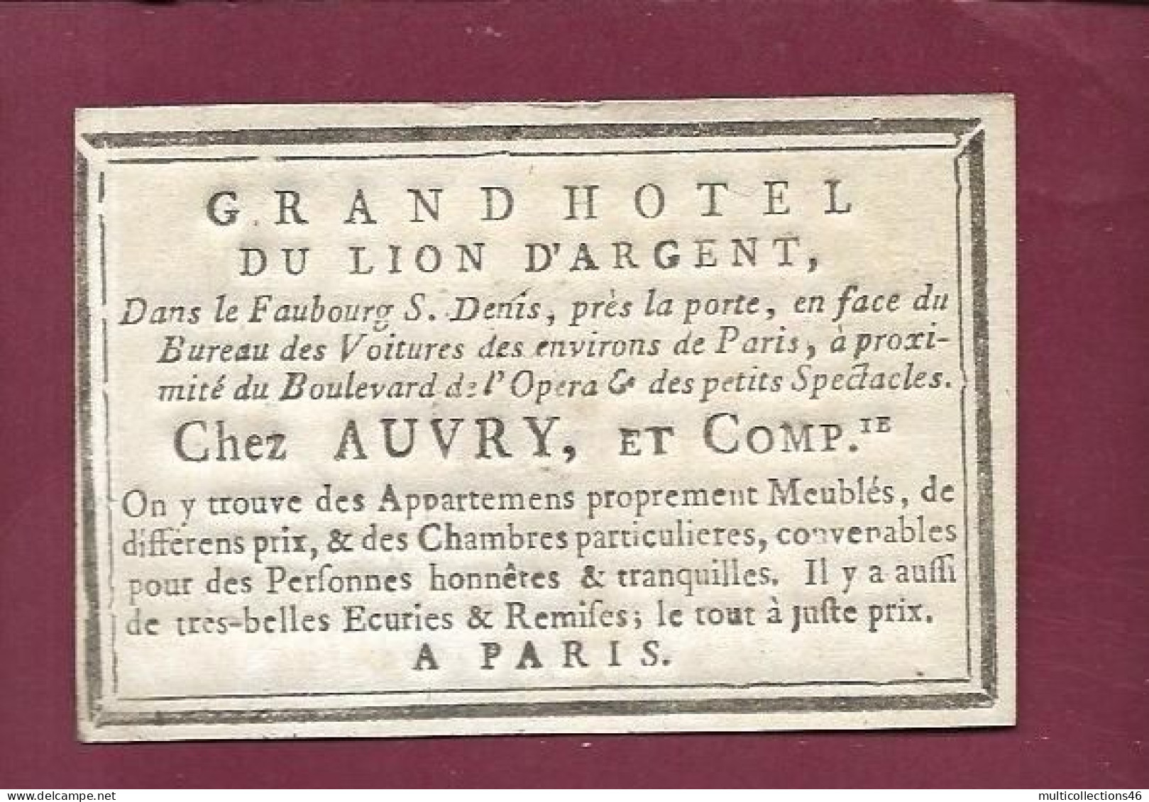 130524A - CARTE A JOUER ANCIENNE Carte De Visite Grand Hôtel Du Lion D'argent Chez AUVRY à PARIS - 8 De TREFLE - Barajas De Naipe