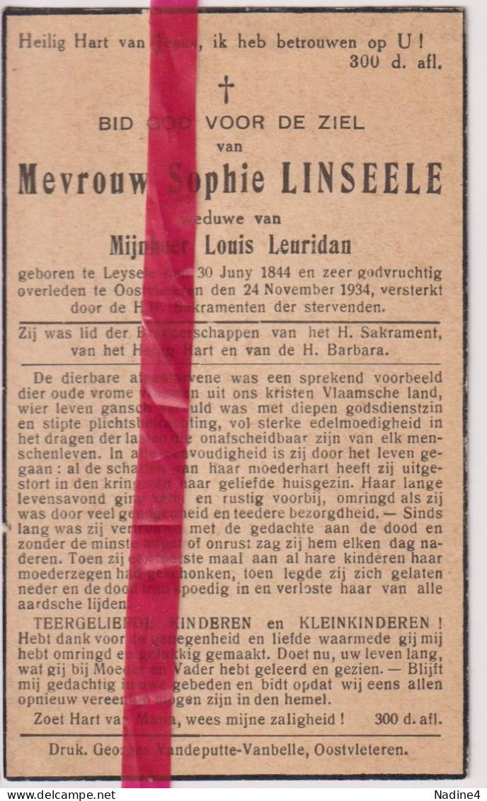 Devotie Doodsprentje Overlijden - Sophie Linseele Wed Louis Leuridan - Leisele 1844 - Oostvleteren 1934 - Décès