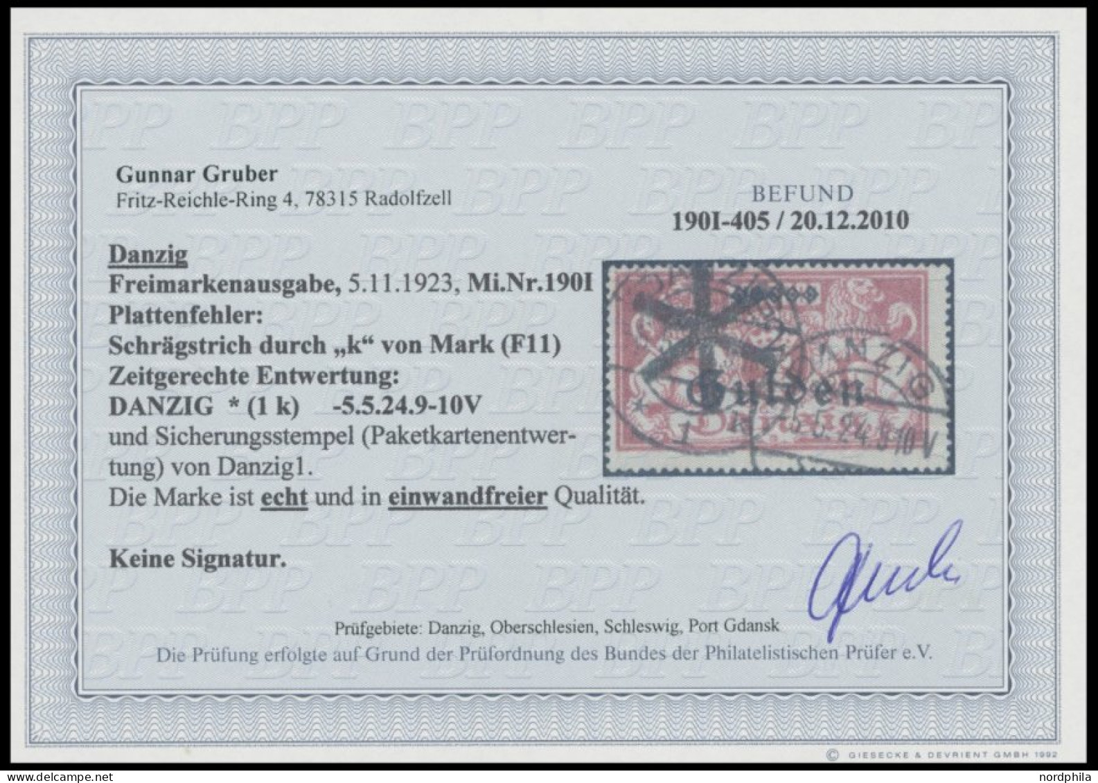 FREIE STADT DANZIG 190I O, 1923, 2 G. Auf 1 Mio. M. Lilarot Mit Plattenfehler Schrägstrich Durch K Von Mark, Zeitgerecht - Used