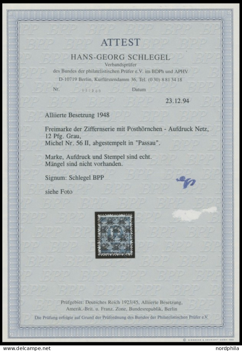 AMERIK. U. BRITISCHE ZONE 56II O, 1948, 12 Pf. Netzaufdruck, Pracht, Fotoattest H.G. Schlegel, Mi. 1400.- - Autres & Non Classés