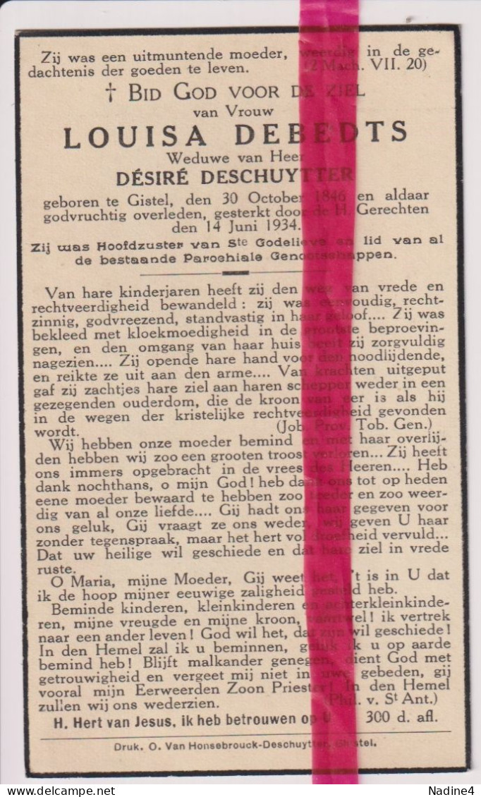 Devotie Doodsprentje Overlijden - Louisa Debedts Wed Désiré Deschuytter - Gistel 1846 - 1934 - Décès