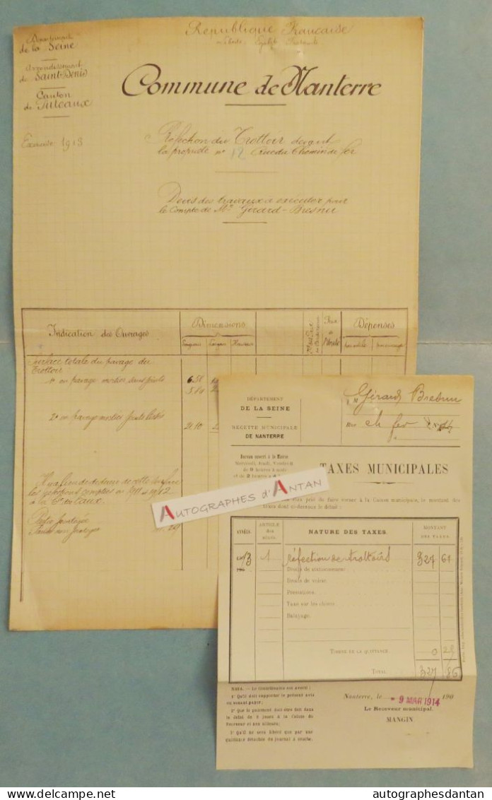 ● NANTERRE 1913 Devis Manuscrit Réfection Trottoir Rue Du Chemin De Fer - M. Girard Bresner + Document Taxes Municipales - 1900 – 1949