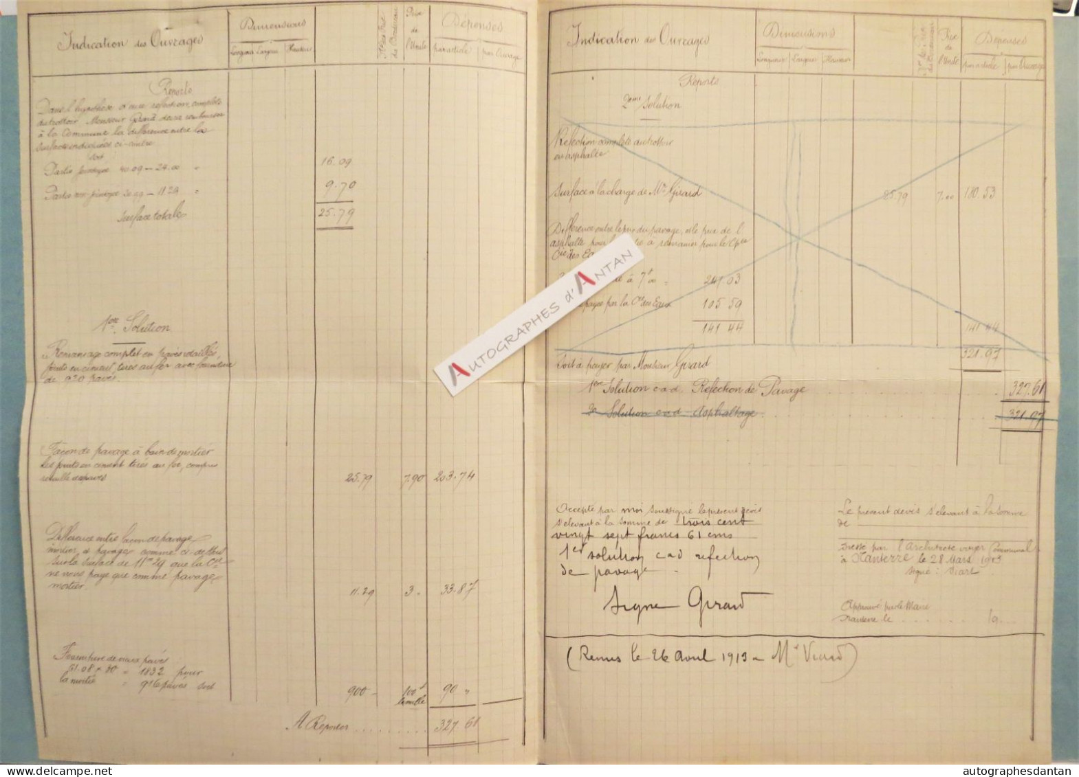 ● NANTERRE 1913 Devis Manuscrit Réfection Trottoir Rue Du Chemin De Fer - M. Girard Bresner + Document Taxes Municipales - 1900 – 1949