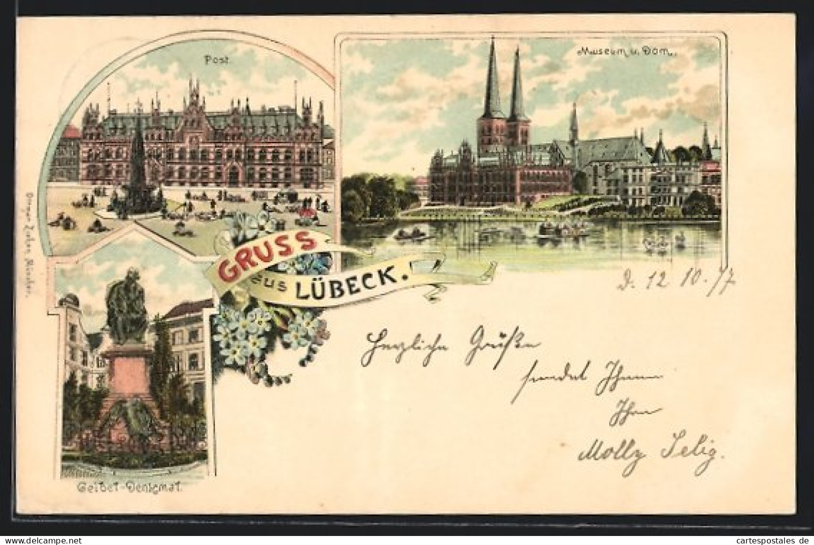 Lithographie Lübeck, Museum Und Dom, Post, Geibel-Denkmal  - Lübeck