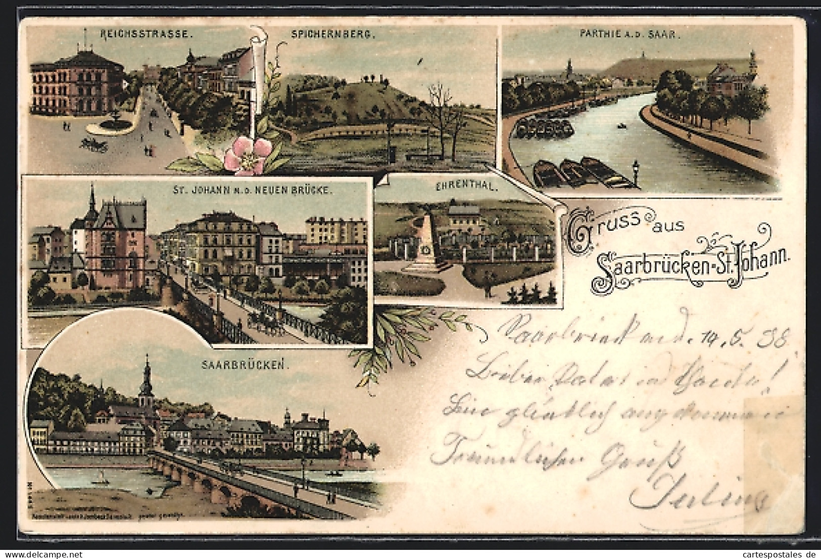 Lithographie Saarbrücken-St. Johann, Reichsstrasse, Ehrenthal, Partie An Der Saar, Spichernberg  - Saarbruecken