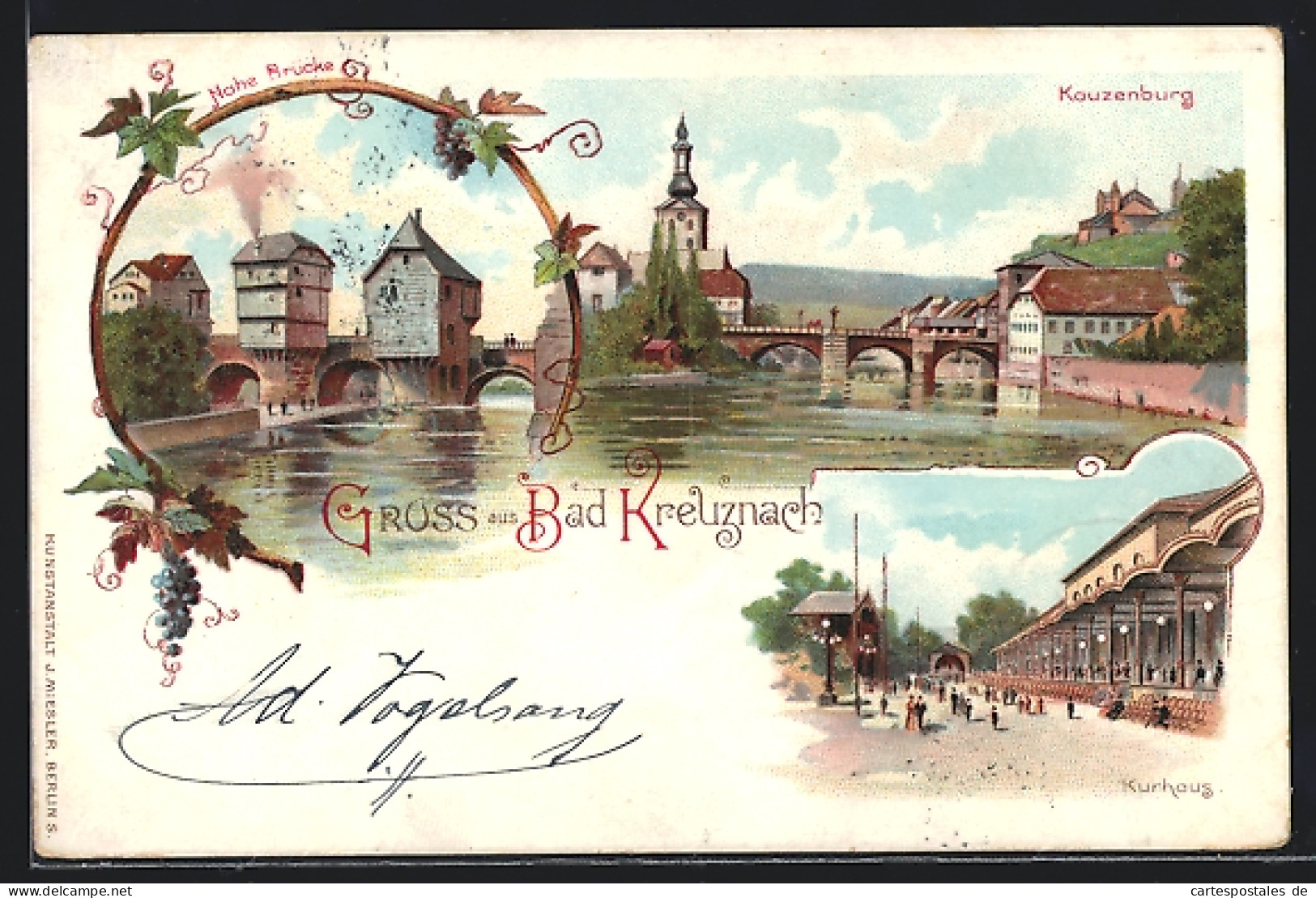 Lithographie Bad Kreuznach, Kauzenburg, Nahe-Brücke, Kurhaus  - Bad Kreuznach