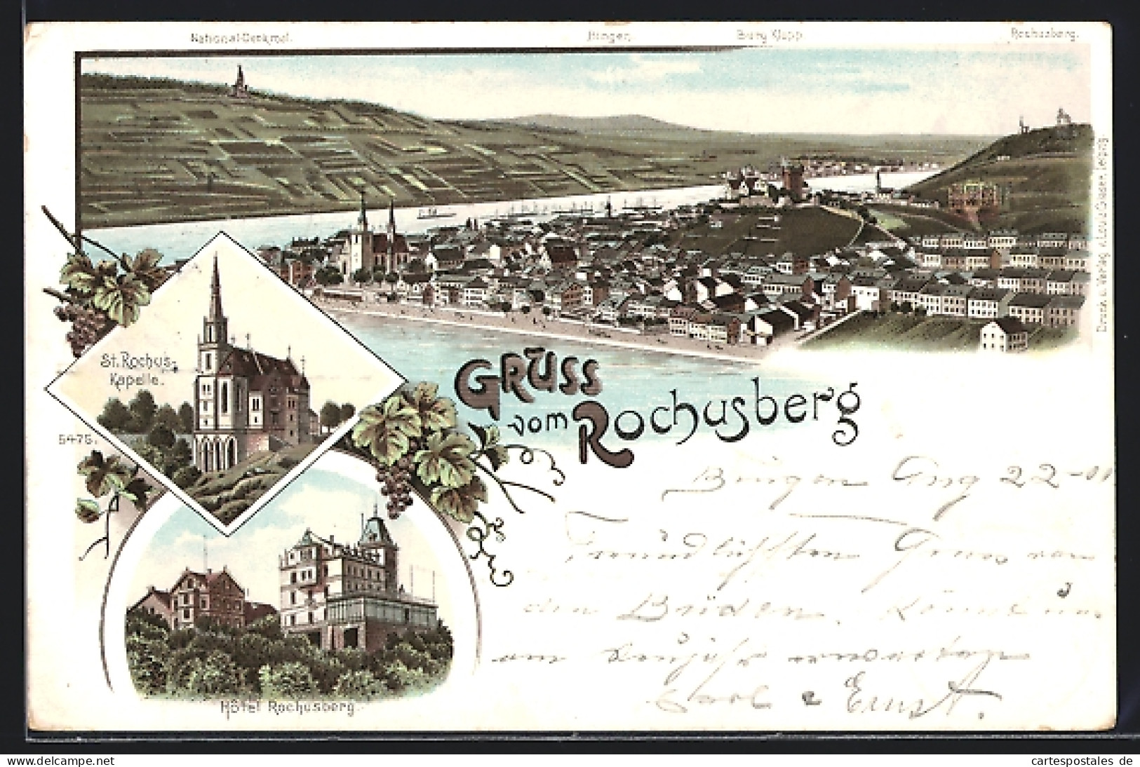 Lithographie Rochusberg, Hotel Rochusberg, St. Rochuskapelle, Ortsansicht Mit Bingen, Burg Klopp Und National-Denkmal  - Bingen
