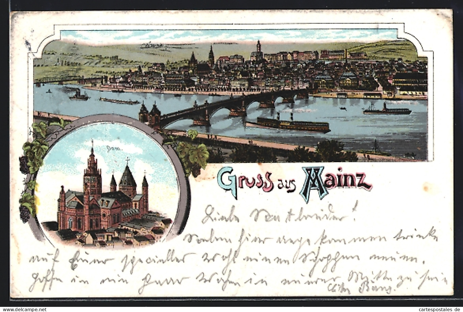 Lithographie Mainz, Ansicht Dom Und Flusspanorama Mit Dampfschiffen  - Mainz