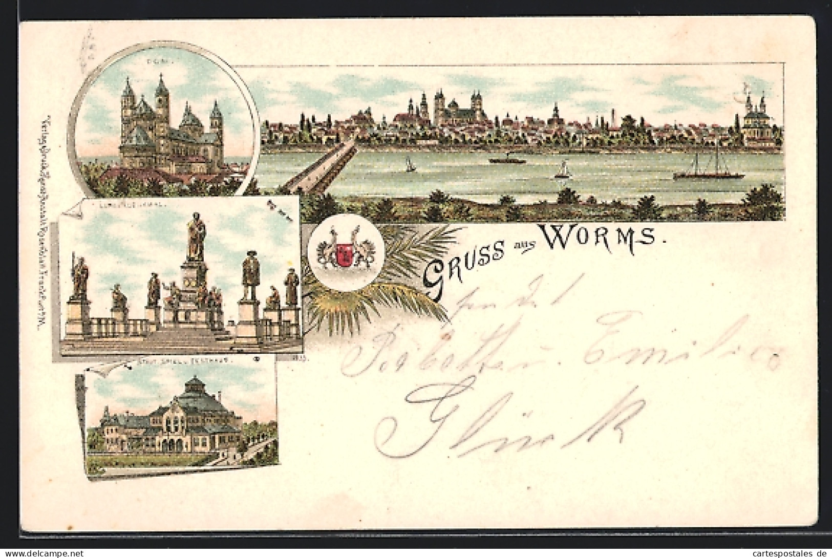 Lithographie Worms, Städtisches Spiel- Und Festhaus, Lutherdenkmal, Dom, Wappen, Panorama Um 1900  - Worms