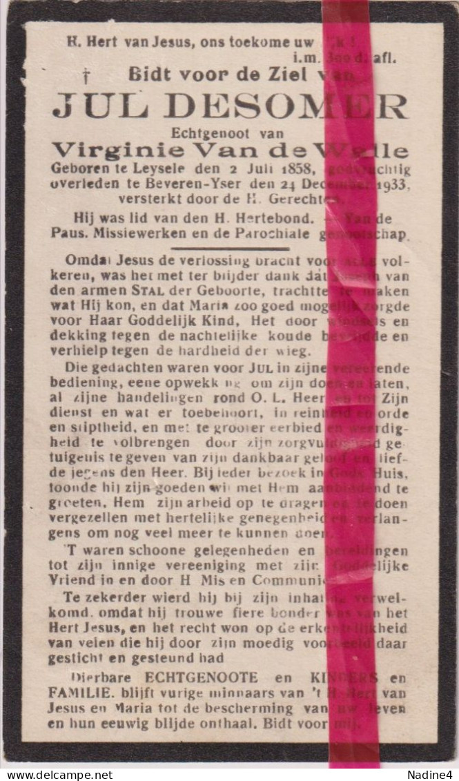 Devotie Doodsprentje Overlijden - Jul Desomer Echtg Virginie Van De Walle - Leisele 1858 - Beveren IJzer 1933 - Obituary Notices
