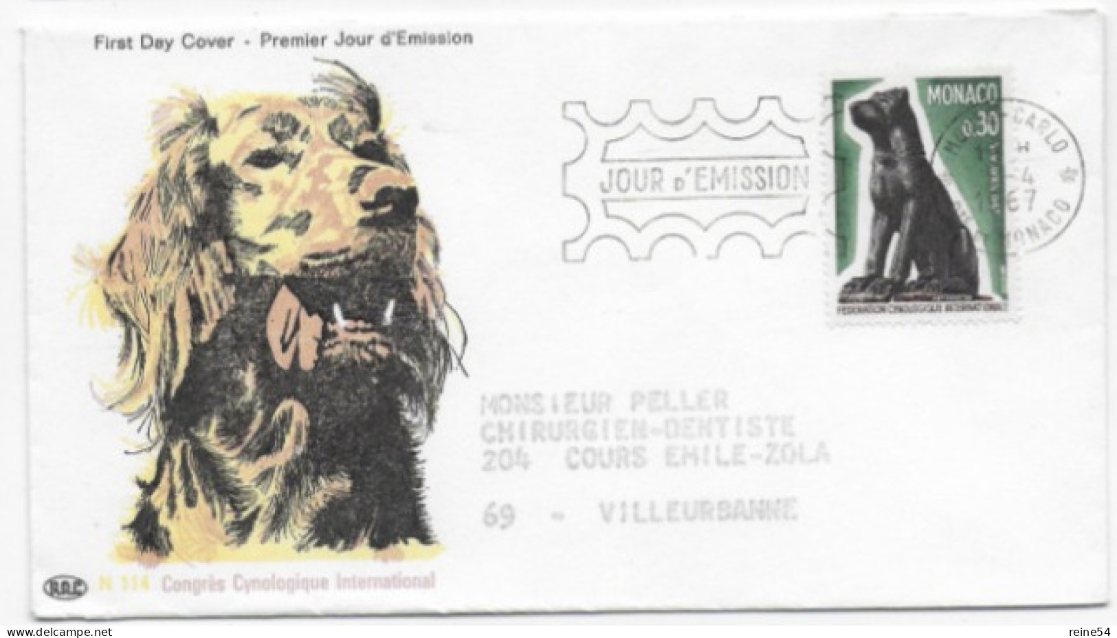 Enveloppe Premier Jour -Fédération Cynologique International 05-04-1967  Monte-Carlo Timbre Monaco (circulé- Chien) - Oblitérés