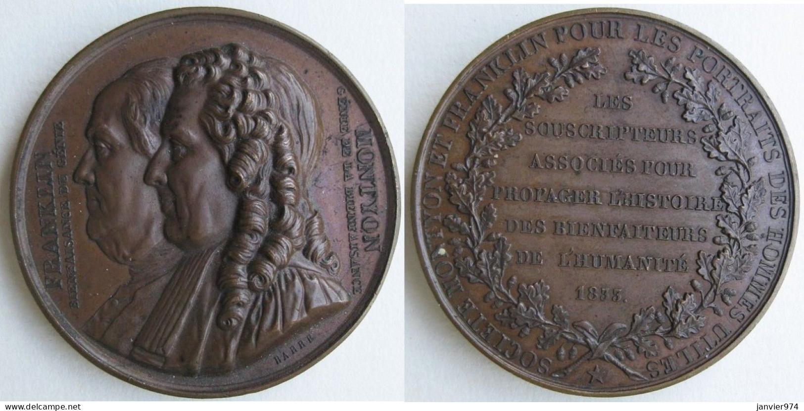 Médaille En Cuivre Société Franklin Et Montyon Pour Les Portraits Des Hommes Utiles 1833 , Par J. J. Barre - Autres & Non Classés
