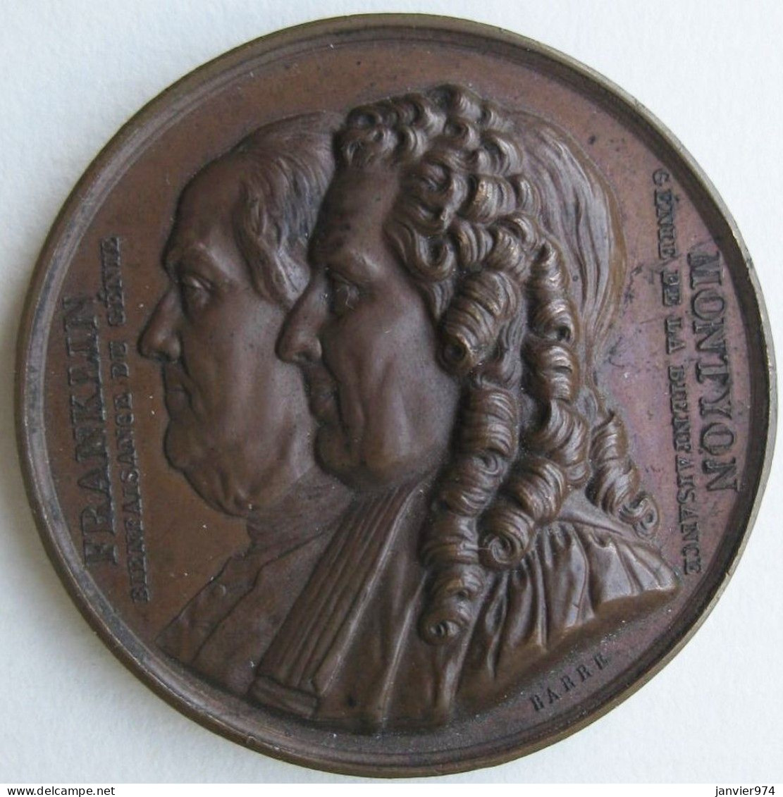 Médaille En Cuivre Société Franklin Et Montyon Pour Les Portraits Des Hommes Utiles 1833 , Par J. J. Barre - Autres & Non Classés