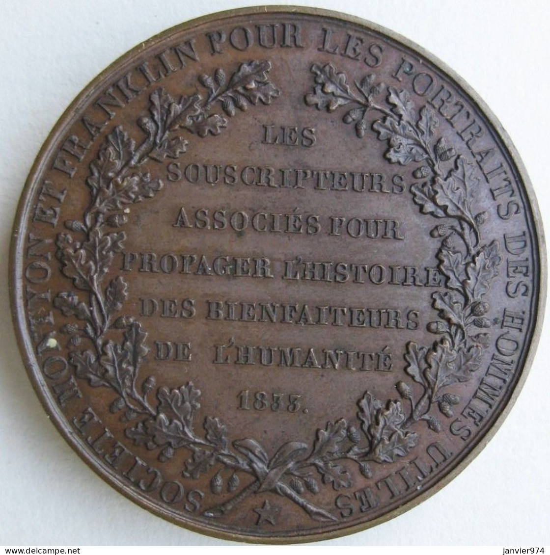 Médaille En Cuivre Société Franklin Et Montyon Pour Les Portraits Des Hommes Utiles 1833 , Par J. J. Barre - Otros & Sin Clasificación