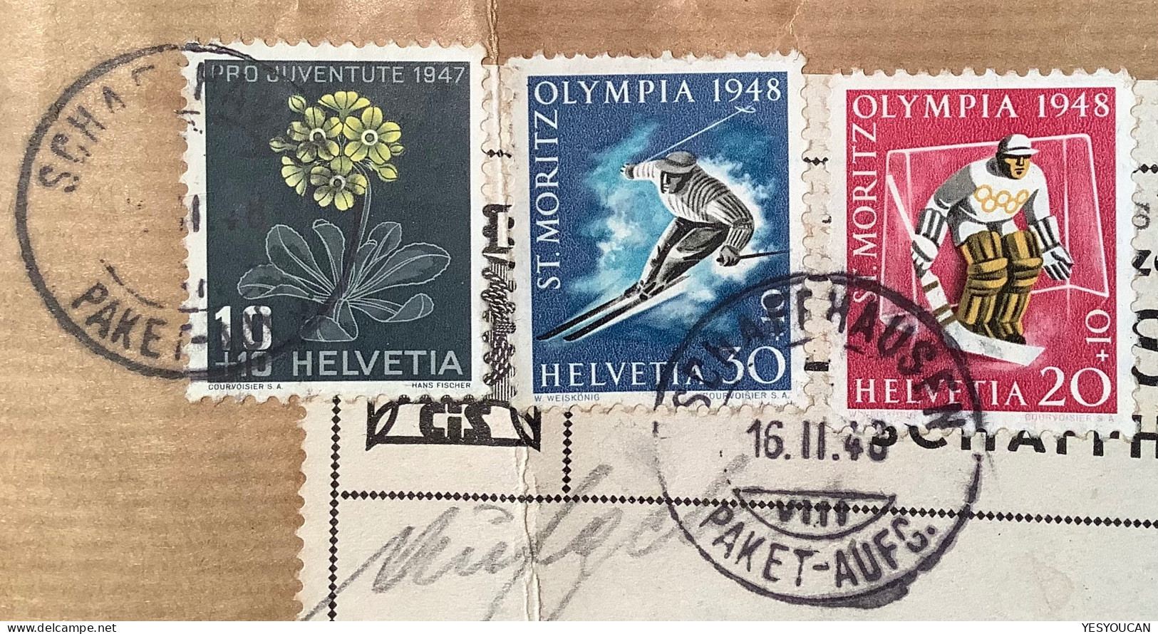 SCHAFFHAUSEN 1948 Seltene PAKET-FRANK.Pro Juventute1947+Olympia1948St Moritz (sport Flowers Schweiz Brief Olympic Games - Storia Postale