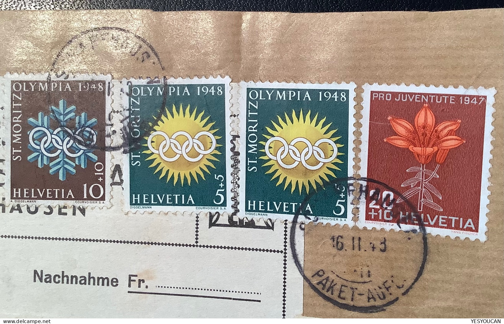 SCHAFFHAUSEN 1948 Seltene PAKET-FRANK.Pro Juventute1947+Olympia1948St Moritz (sport Flowers Schweiz Brief Olympic Games - Lettres & Documents