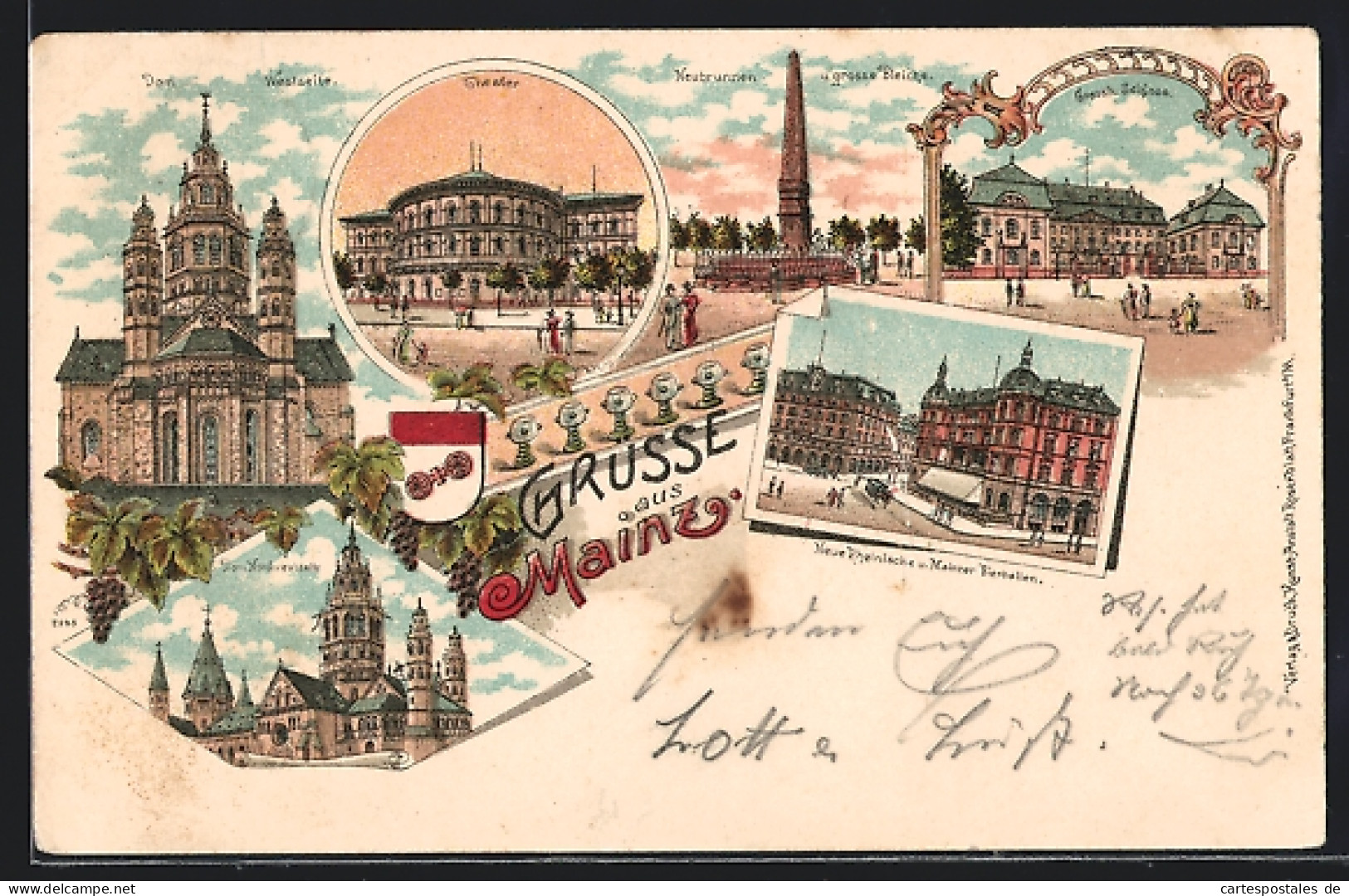 Lithographie Mainz, Dom, Theater, Neubrunnen & Gr. Bleiche, Grossh. Schloss  - Theater