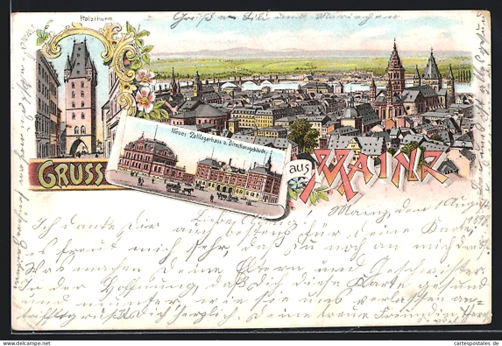 Lithographie Mainz, Neues Zolllagerhaus & Directionsgebäude, Centralbahnhof, Holzturm  - Mainz