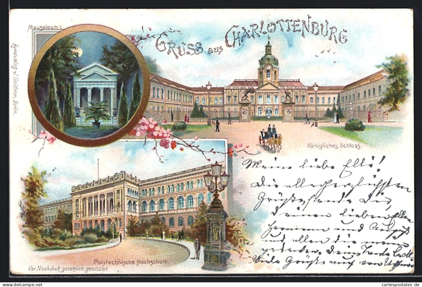 Lithographie Berlin-Charlottenburg, Köngiliches Schloss, Polytechnische Hochschule, Mausoleum I.  - Charlottenburg