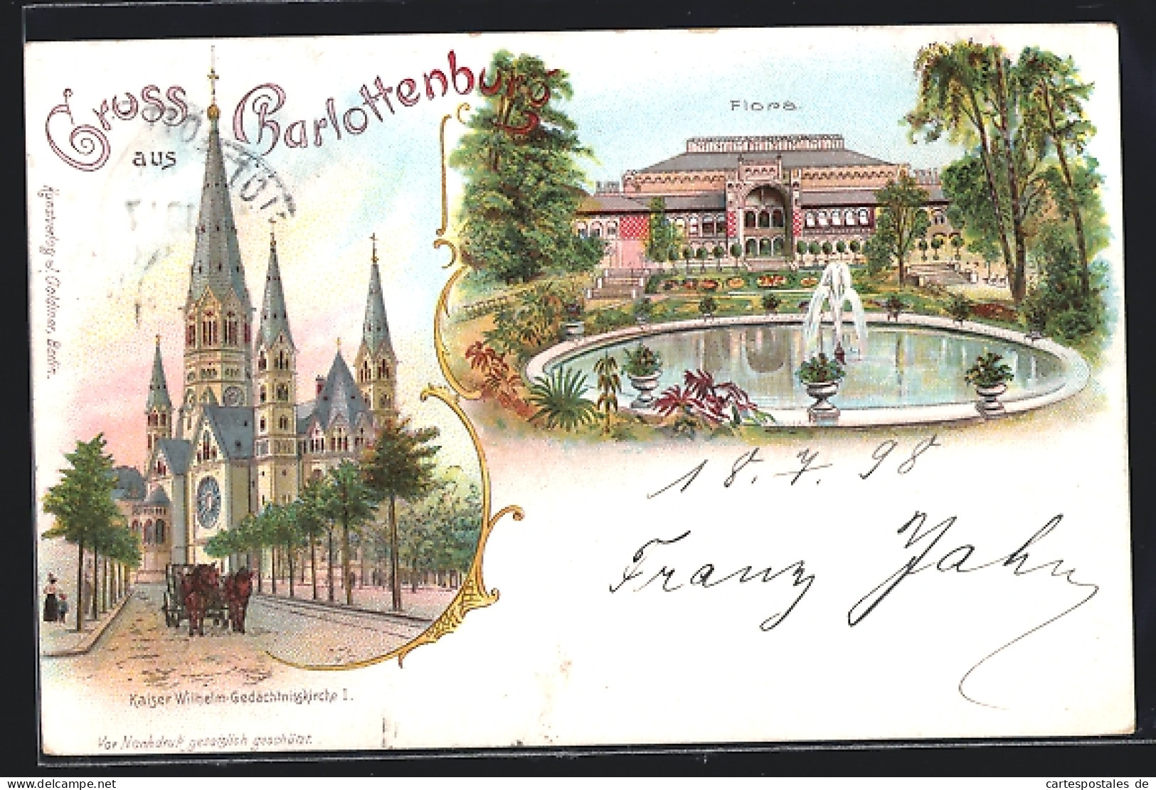 Lithographie Berlin-Charlottenburg, Kaiser-Wilhelm-Gedächtniskirche Und Flora  - Charlottenburg