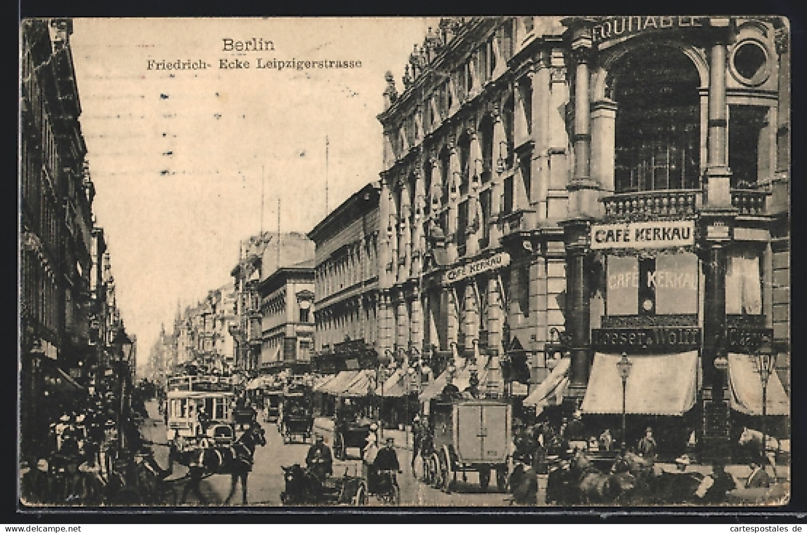 AK Berlin, Friedrichstrasse, Ansicht Mit Café Kerkau, Autobus U. Kutschen  - Mitte