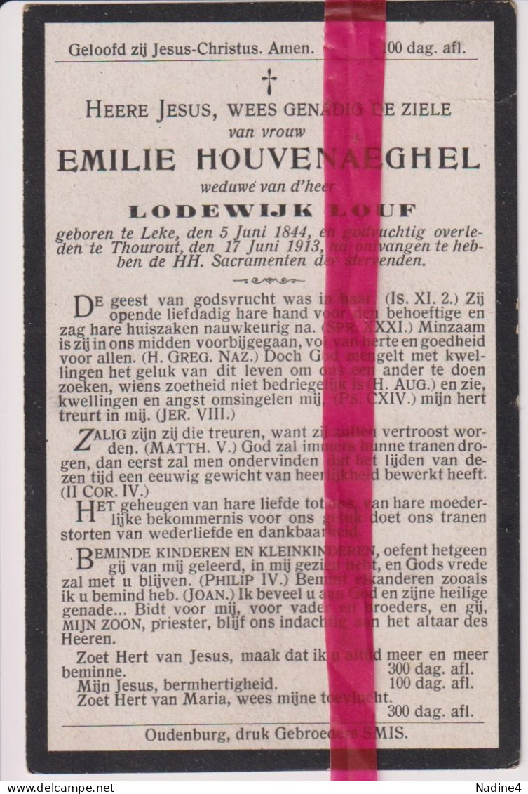 Devotie Doodsprentje Overlijden - Emilie Houvenaeghel Wed Lodewijk Louf - Leke 1844 - Torhout 1913 - Todesanzeige