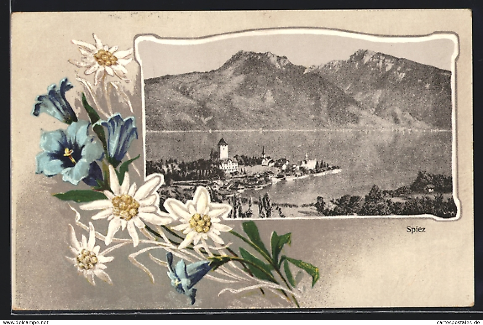 Passepartout-AK Spiez, Gesamtansicht, Edelweiss  - Spiez