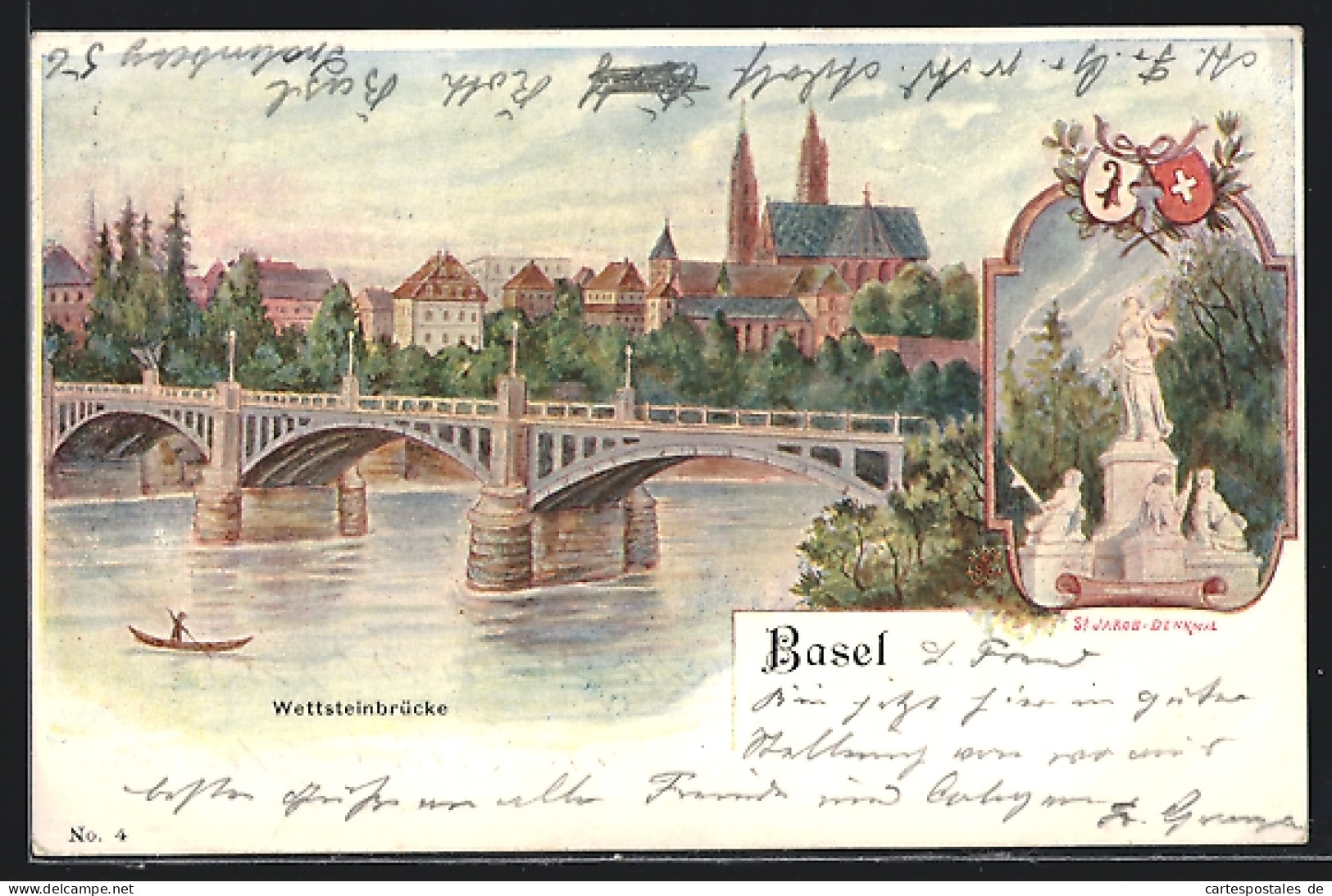 AK Basel, Teilansicht Mit Brücke, St. Jakob-Denkmal, Wappen  - Bâle