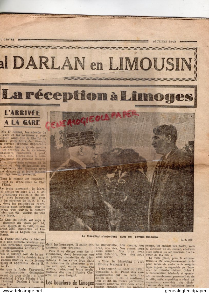 87- LIMOGES- ST SAINT LEONARD- SAINT JUNIEN-LIMOGES- LA JONCHERE-LE COURRIER DU CENTRE-VISITE PETAIN DARLAN-GUERRE 1941