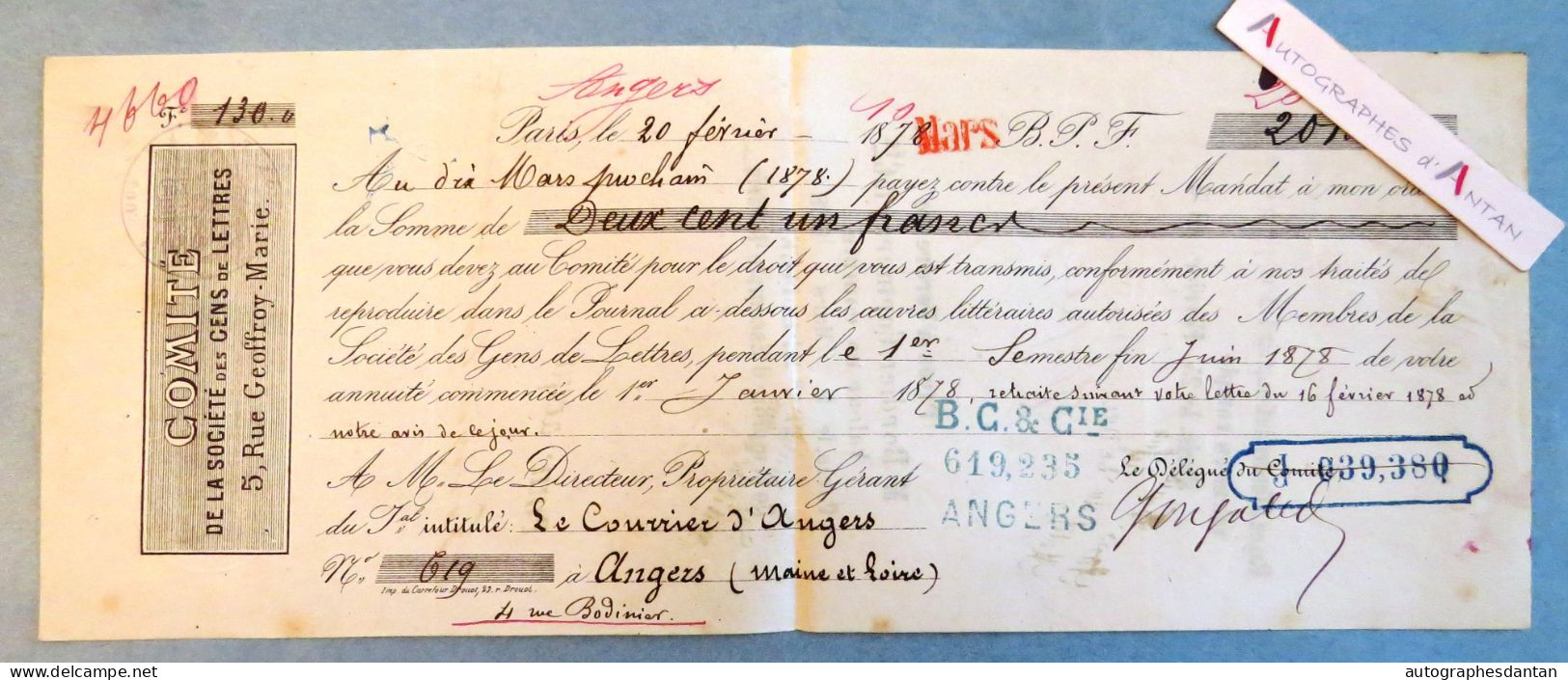 ● 1878 - Comité De La Société Des Gens De Lettres - Mandat > Le Courrier D'Angers (rue Bodinier) Maine Et Loire - Lettres De Change