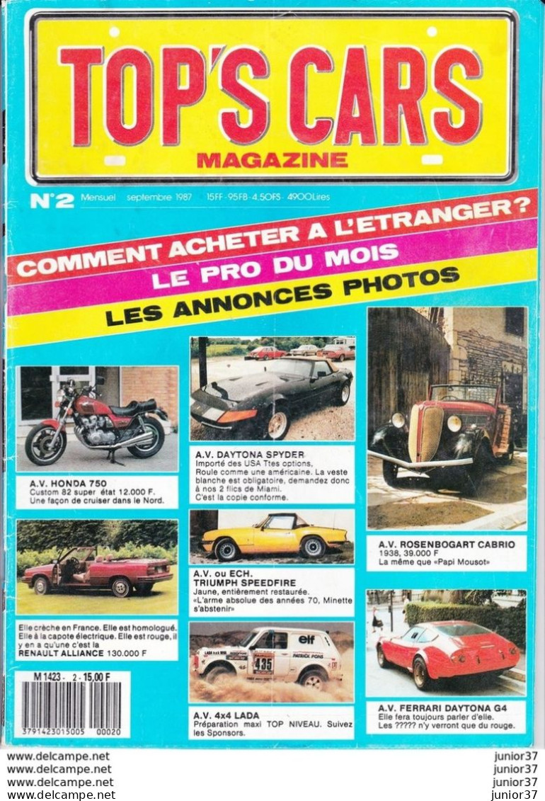 2 TOP'S CARS Magazine N°2 Septembre & N°5 Décembre 1987 Voitures - Auto/Moto