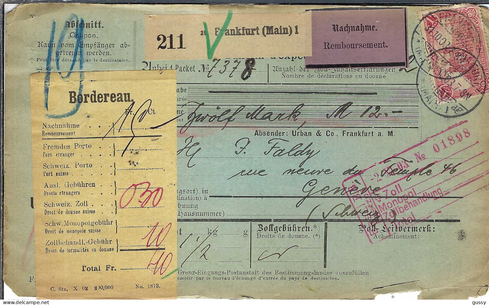 ALLEMAGNE Ca.1903: Bulletin D'Expédition CR De Frankfurt (Main) Pour Genève (Suisse) - Briefe U. Dokumente