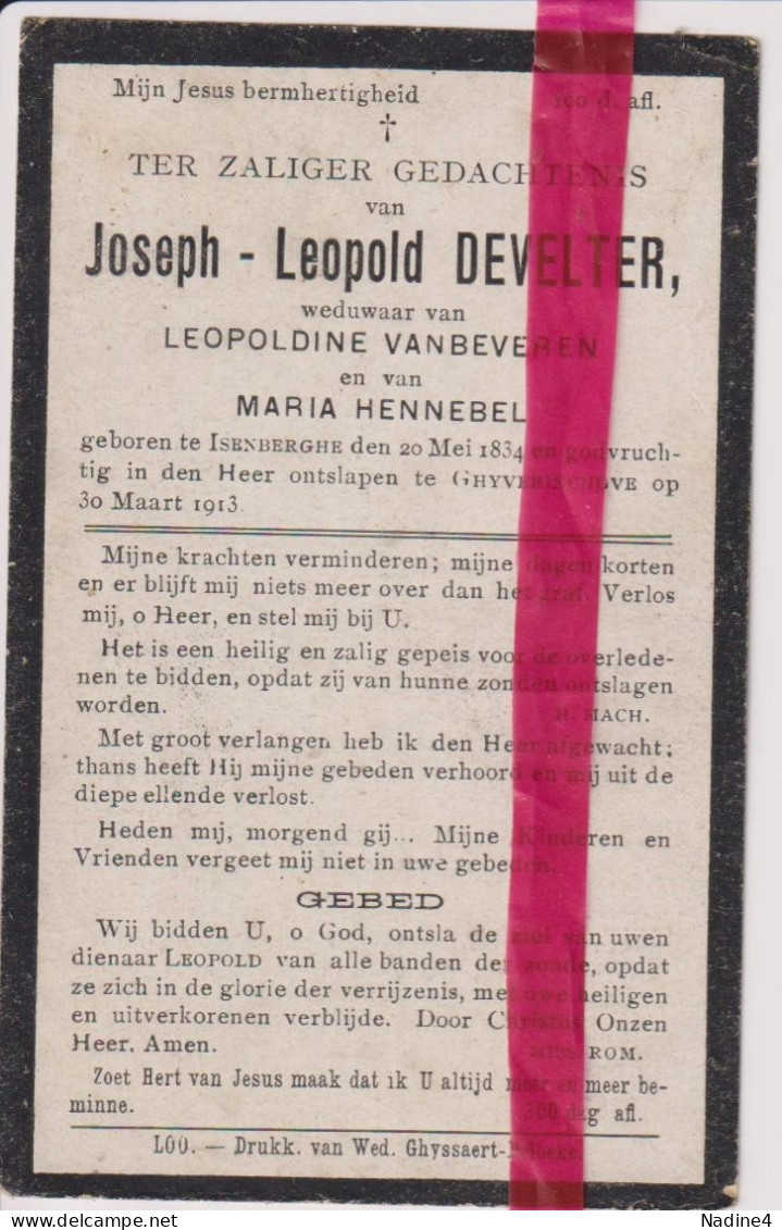 Devotie Doodsprentje Overlijden - Joseph Develter Wedn Vanbeveren & Hennebel - Izenberge 1834 - Gijverinkhove 1913 - Obituary Notices