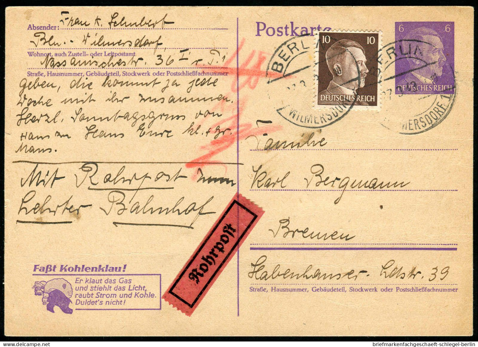 Berliner Postgeschichte, 1943, P 312/02 + 787, Brief - Briefe U. Dokumente