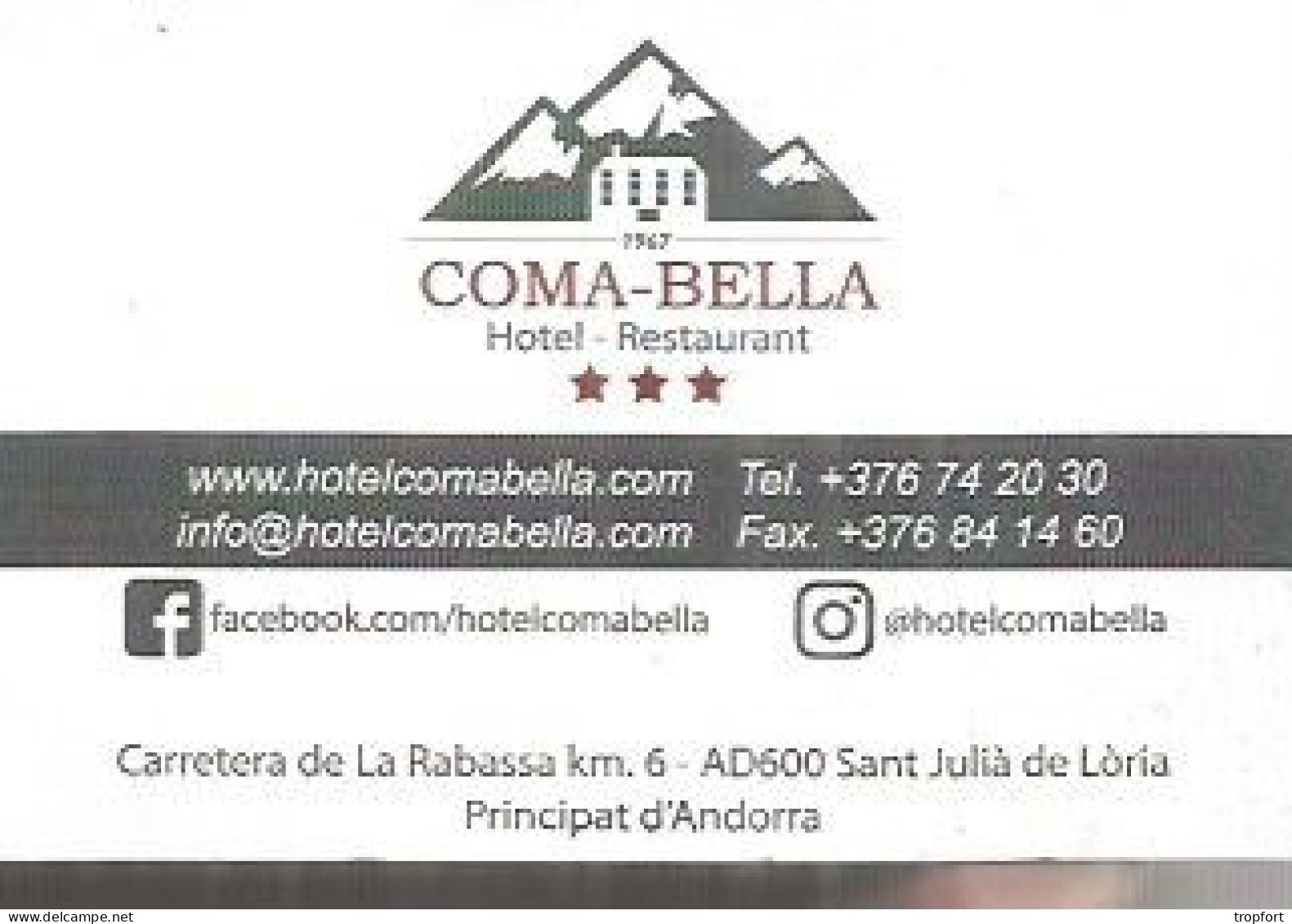 Carte De Visite   ANDORRE ANDORRA  COMA BELLA Hotel Restaurant Saint Julia De Loria - Cartes De Visite