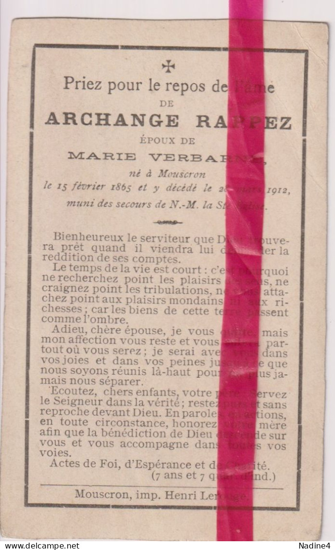 Devotie Doodsprentje Overlijden - Archange Rappez ép. Marie Verbarne - Mouscron 1865 - 1912 Moeskroen - Décès