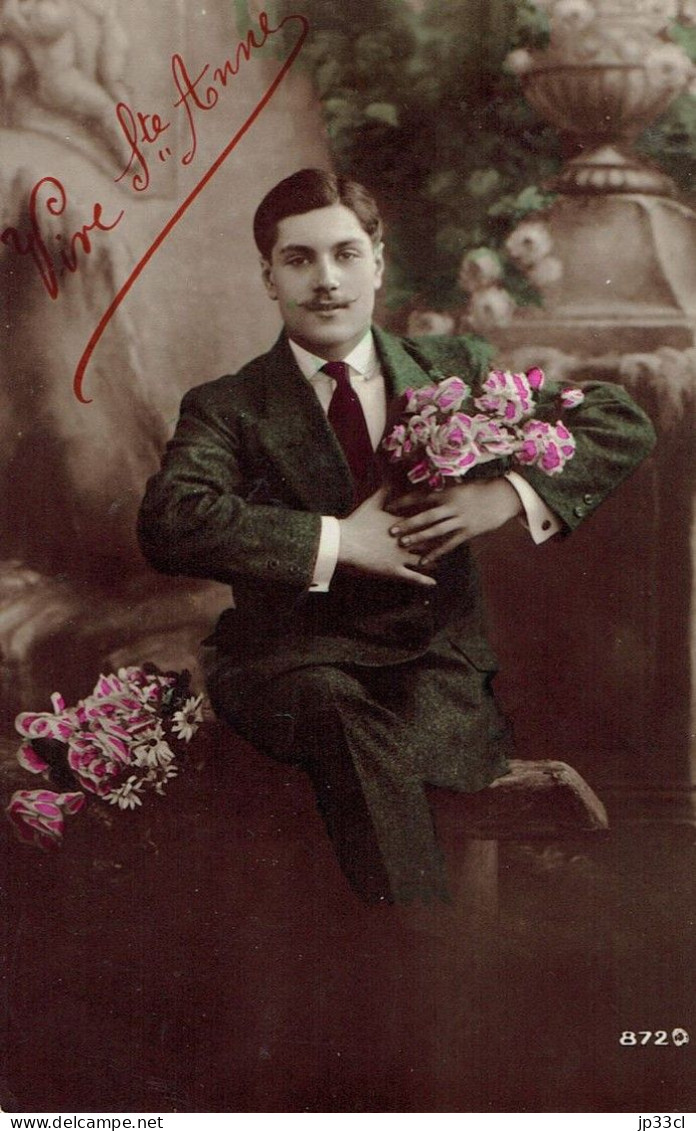 CPA "Vive Ste Anne" Avec Monsieur En Costume Cravate Portant Des Fleurs (Haine-St-Pierre, Années 1910) - Altri & Non Classificati