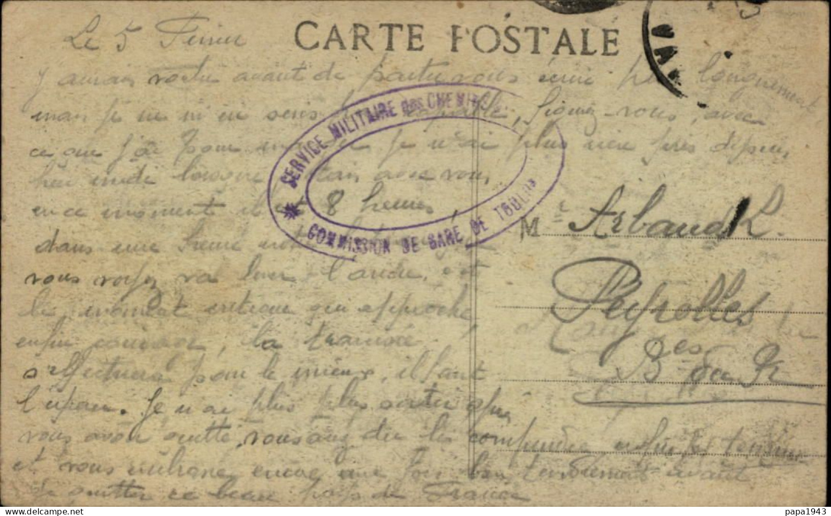 C P  Cachet " SERVICE MILITAIRE Des CHEMINS DE FER Gare De TOULON - Lettres & Documents