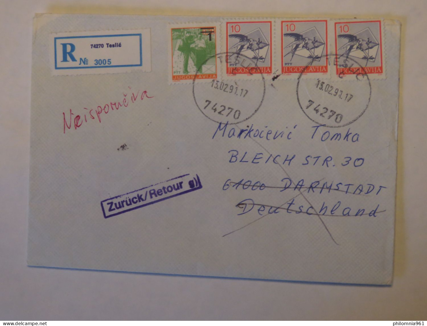 YUGOSLAVIA REGISTERED COVER TO GERMANY 1991 - Other & Unclassified