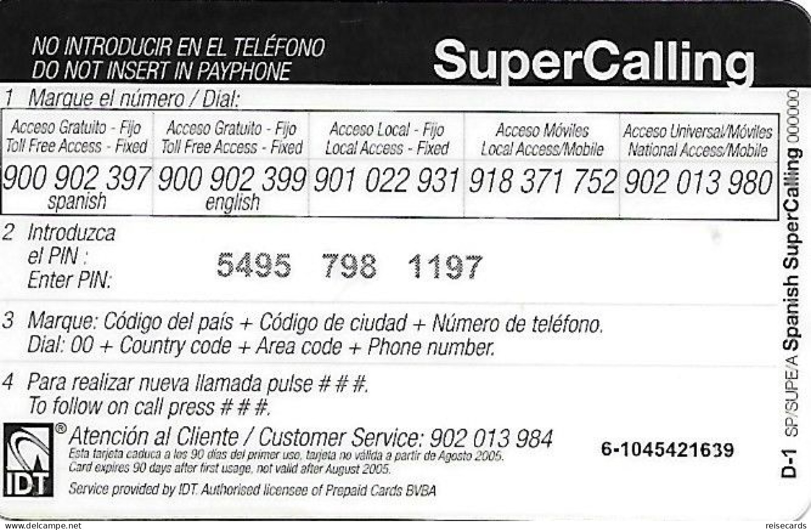 Spain: Prepaid IDT - SuperCall € 6 08.05 - Autres & Non Classés