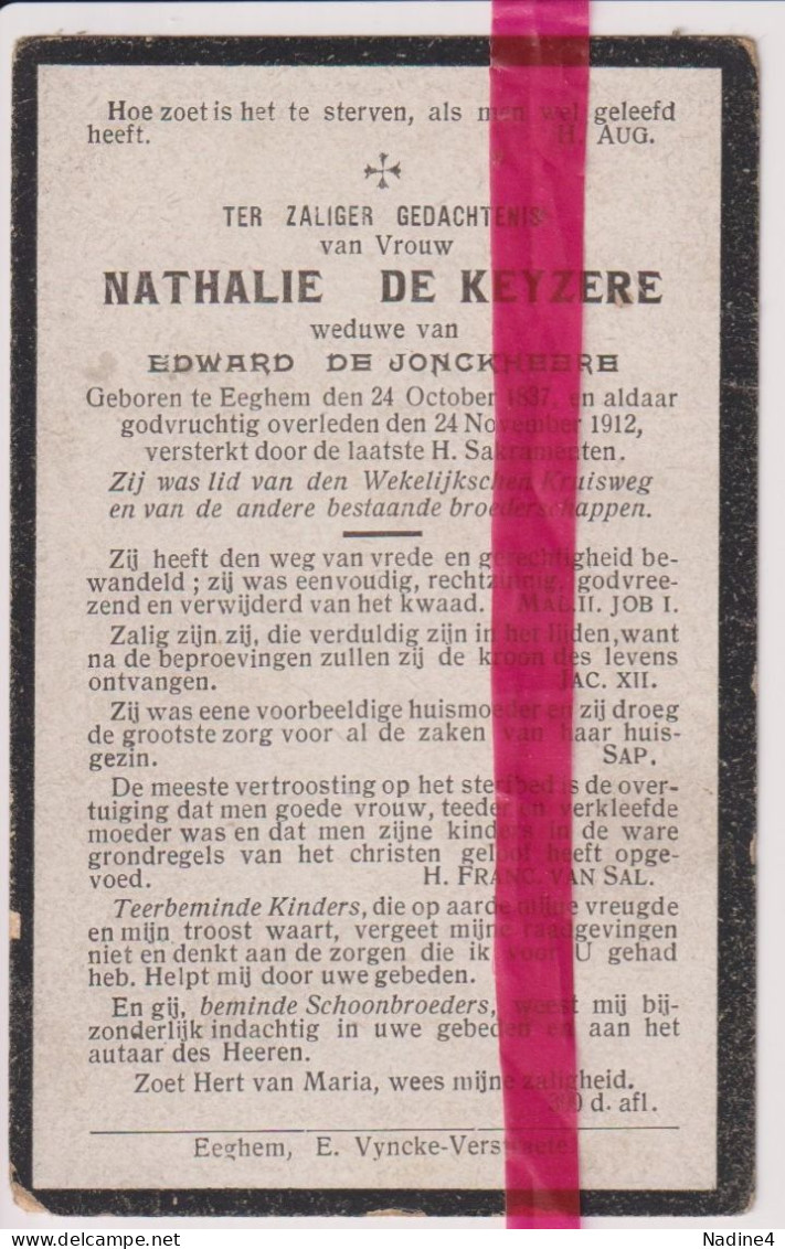Devotie Doodsprentje Overlijden - Nathalie De Keyzere Wed Edward De Jonckheere - Egem 1837 - 1912 - Décès