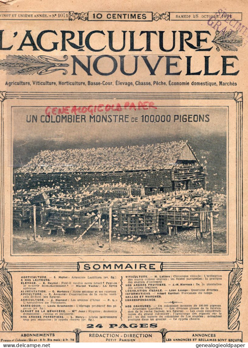 PARIS-REVUE L ' AGRICULTURE NOUVELLE- HORTICULTURE-CHASSE PECHE-UN COLOMBIER 100 000 PIGEONS-LOS ANGELES 1911- - 1900 - 1949