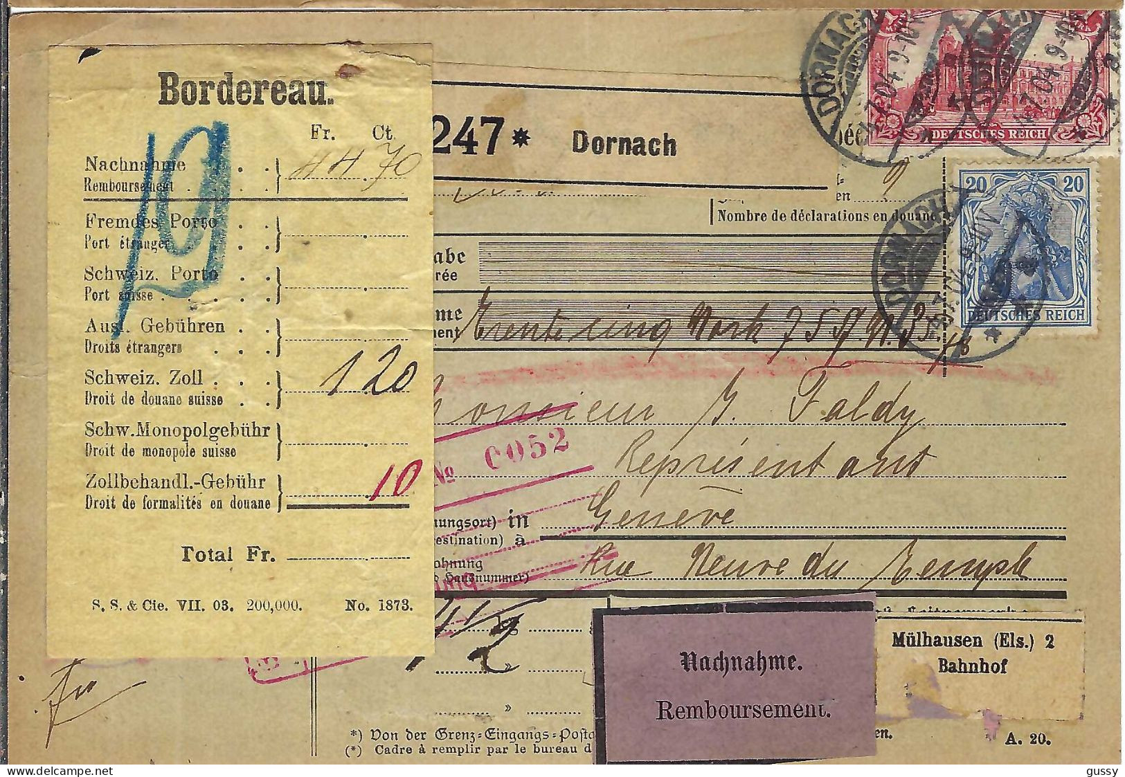 ALLEMAGNE Ca.1904: Bulletin D'Expédition CR De Dornach Pour Genève (Suisse) - Briefe U. Dokumente