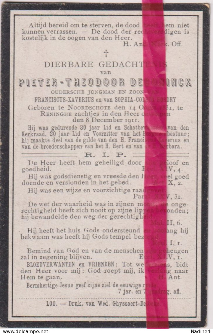 Devotie Doodsprentje Overlijden - Pieter DEconinck Zoon Frans & Sophia Hosdey - Noordschote 1831 - Reninge 1911 - Obituary Notices