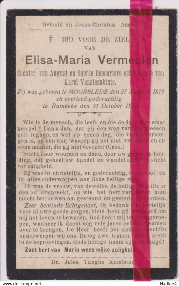 Devotie Doodsprentje Overlijden - Elisa Vermeulen Echtg Karel Vansteenkiste - Moorslede 1879 - Rumbeke 1911 - Todesanzeige