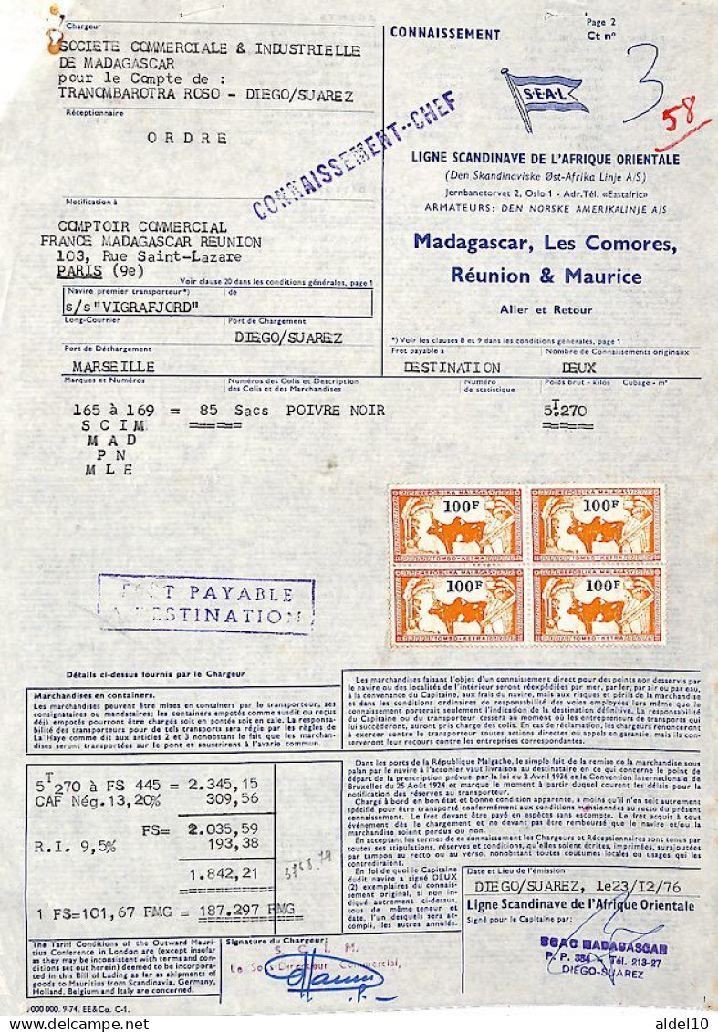 Connaissement Diego-Suarez à Marseille 1976 Avec Timbre Fiscal 100 F X 4 - Madagascar (1960-...)